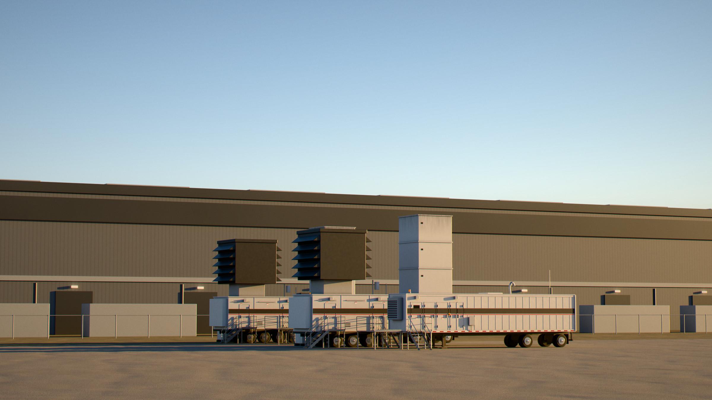 Two 25 MW mobile gas turbine units supplying a data center campus at sunset