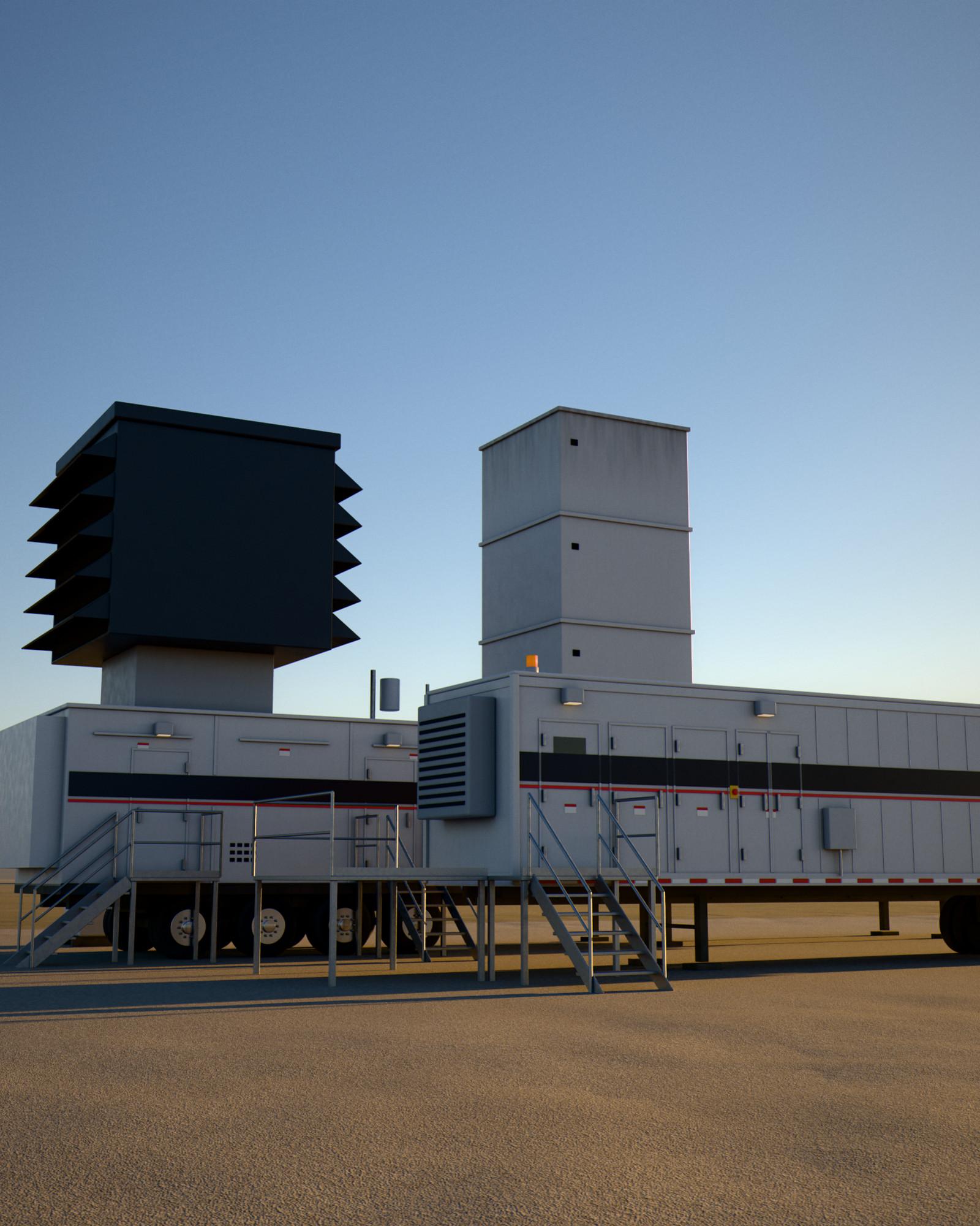 Close view of a 25 MW mobile gas turbine unit: filter house, exhaust stack and access stairs